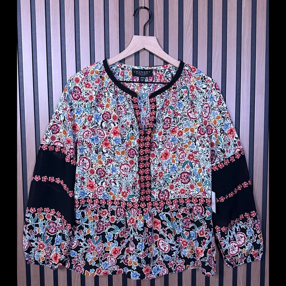 New Laundry by Shelli Segal Top Small Womens Blouse Boho Floral Puff Sleeve